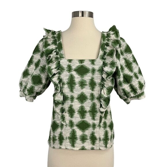 Sezane Tops - Sezane Ezecquiel Blouse Green Ikat Size EU 34 Ruffles 1/2 Sleeve Buttons Womens